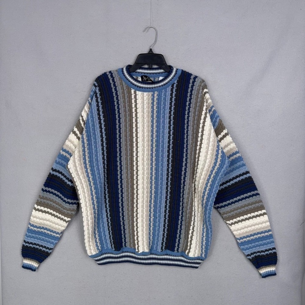 Vintage Alan Stuart Sweater Mens XL Blue Striped Textured Knit Crewneck 90s